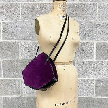 Vintage Shoulder Bag Retro 1980s Charles Jourdan + Purple + Black + Suede + Geometric Shape + Double Strap + Crossbody Bag + Accessory 