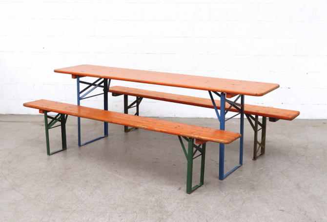 VINTAGE INDUSTRIAL GERMAN BEER TABLE BENCH SET GARDEN FURNITURE BURNT ORANGE 