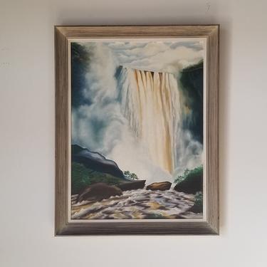 Vintage R. Barker Waterfall Landscape Oil Painting , Framed 