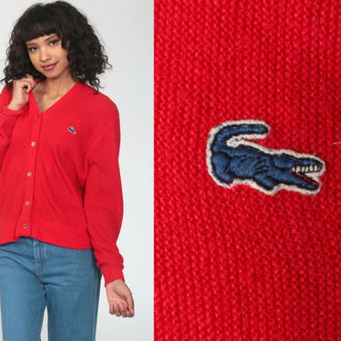 Red Lacoste Cardigan Sweater 70s Button Up HAYMAKER Sweater Crocodile Plain Grandpa Vintage 70s Acrylic Knit Preppy Small Medium 