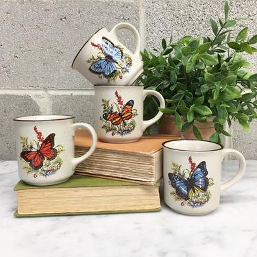 Vintage Mug Set Retro 1970s Viking + Handcrafted + Stoneware + Set of 4 + Butterfly Design + Ceramic + Coffee Cups + Home and Kitchen Decor 