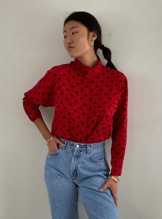 Red blouse with black cheap polka dots