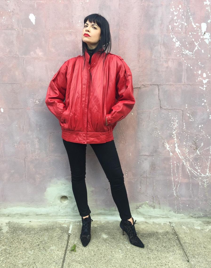 vintage 80s red leather jacket EXCELLED oversized cherry red