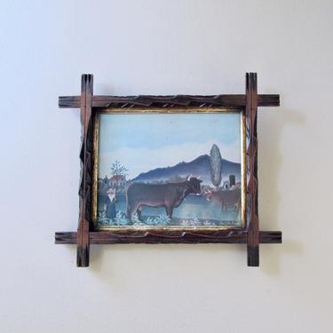 1940's vintage tramp art hand carved wood frame Henri Rousseau's Landscape with Cattle rustic folk art 