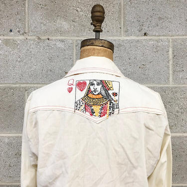 Vintage Shirt Retro 1970s Handmade + Made with TLC + Queen of Hearts + Embroidered + Snap Button-down + Pointed Collar + Unisex Apparel 