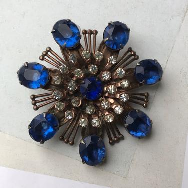 1960s Large Blue and Clear Rhinestone Brooch