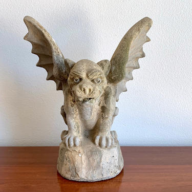 Gargoyle Sculpture - Vintage Heavy Outdoor Cement Stone Perched Gargoyle - Antique Weathered Stone Cement Gargoyle Artwork 