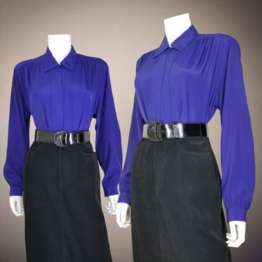 Vintage Royal Purple Cocktail Blouse, Large / Silky Button Blouse / Wide Sleeve Collared Office Shirt / Womens Long Sleeve Dressy Top 