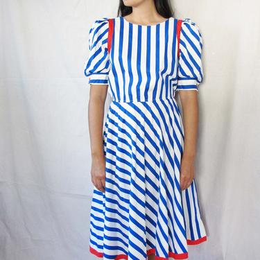 Vintage 80s Dress M - 1980s Striped Midi Dress - 80s Puff Sleeve Sundress - Blue Red Stripe Dress - Puffy Sleeve Dress - Memphis Design 
