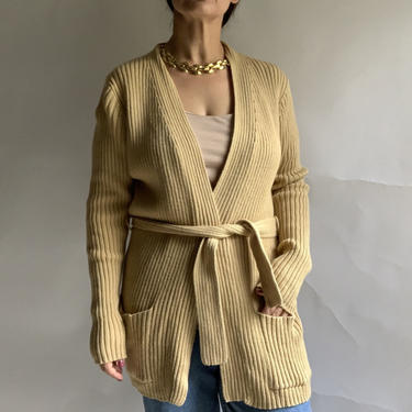 Vintage Butternut Cotton Long Sweater Coat Belted Cardigan, Pierre Cardin, Large 