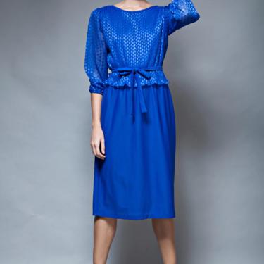 secretary dress blue vintage 70s pleated layered floral cobalt belted peplum long sleeves MEDIUM LARGE M L 