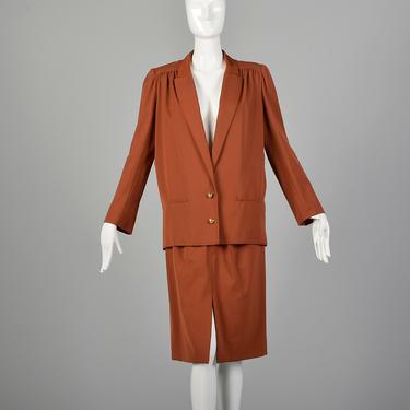 Small 1980s Valentino Boutique Skirt Set Brown Orange Fall Suit Unique Designer 