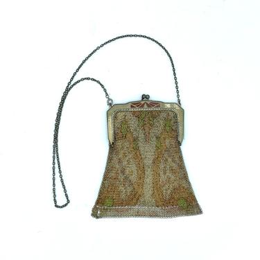 Vintage 1920s Whiting and Davis Art Deco Dresden Mesh Purse, Silk-Screened Metal Evening Bag with Chain Link Handle 