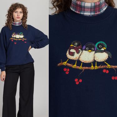 90s Winter Sparrow Turtleneck Sweatshirt - Men's Medium, Women's Large | Vintage Navy Blue Long Sleeve Bird Pullover Sweater Top 