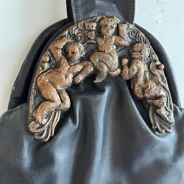 Amazing Deco Wrist Bag Bas Relief Cherubs 1930s Black Leather Vintage 