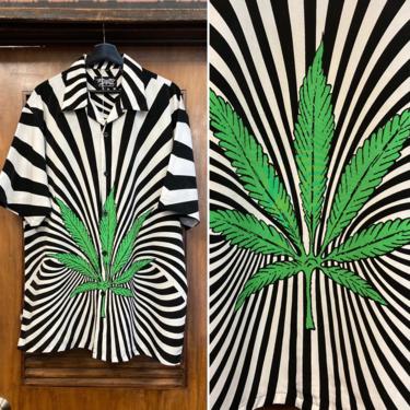 Vintage 1990’s Size XL “Dragonfly” Op Art Marijuana Pot Hawaiian Shirt, 90’s Hawaiian Shirt, 90’s Optical Art, 90’s Shirt, Vintage Clothing 