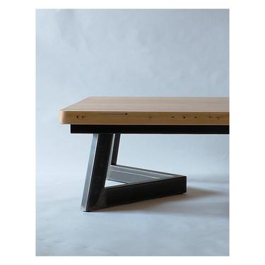reclaimed wood coffee table with custom recycled steel base - modern urban - contemporary hardwood furniture - herringbone coffee table 