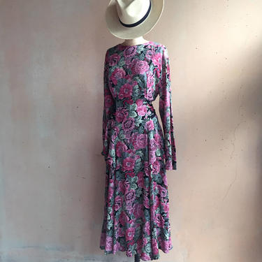 Vintage 80s Floral Side Tiered Dress w/ Attached Sash 