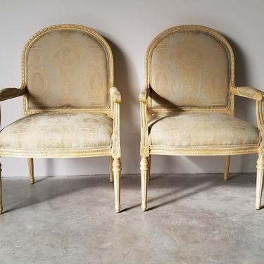 Vintage Classic Louis XVI- Style Carved Wood Accent Chairs - a Pair 