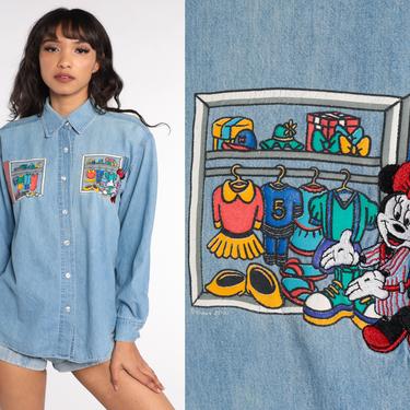 90s Disney Shirt -- Denim Minnie Mouse Shirt Denim Shirt Button Up Shirt Long Sleeve Vintage Jean Shirt Blue Large L 