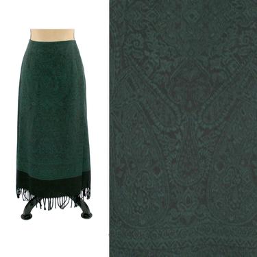 90s Long Pencil Skirt XL, Dark Green Tapestry Maxi Skirt with Fringe Hem, 1990s Clothes Women, Plus Size Vintage Clothing Parisian Signature 