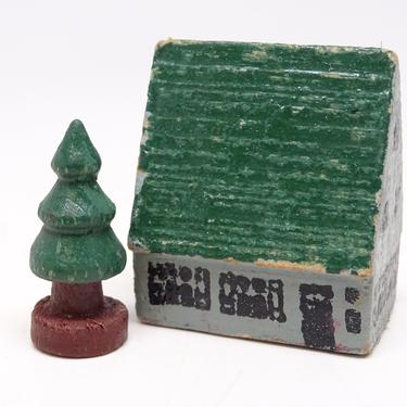 Vintage 1940's Toy German House with Tree, Hand Made of Wood and Hand Painted Antique Erzgebirge Toys 