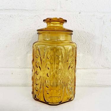 Vintage Amber Glass Canister L.E. Smith Imperial Atterbury Scroll Pattern Mid Century Kitchen Storage Yellow Container Apothecary Jar 1970s 