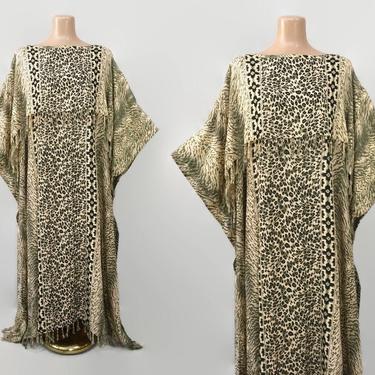 VINTAGE 90s Animal Print Rayon Kaftan | 1990s Leopard Tiger Print Caftan Maxi Lounge Dress | Shawl Overlay Fringe Trim Gown 