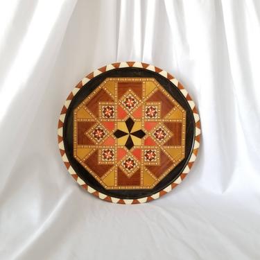 Vintage 80s Marquetry Tray / Round Geometric Wood Inlay Serving Tray / Spanish Taracea Folk Art Wall Decor / Intarsia Circular Wooden Plate 