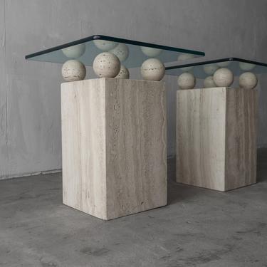 Pair of Post Modern Travertine & Glass Side Tables 