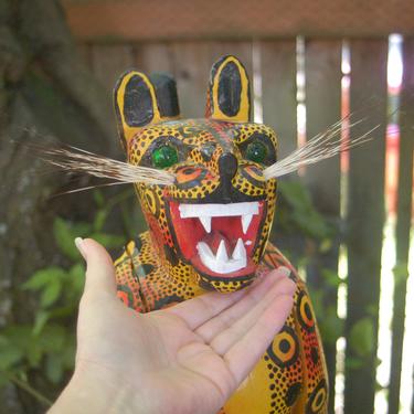 Large 18&quot; Mexican Folk Art Mayan Hand Carved & Painted Jaguar / Leopard / Tiger Sculpture w/ Green Glass Eyes and Porcupine Quill Whiskers 