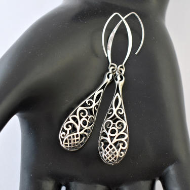 80's sterling filigree Byzantine hippie statement dangles, ornate 925 silver abstract pineapple & vines bohemian teardrop earrings, CPI THAI 