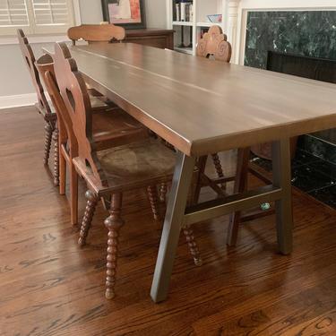 Dining Table with 2.5" thick reclaimed wood top and A Frame Steel Base. Custom designs welcome. 