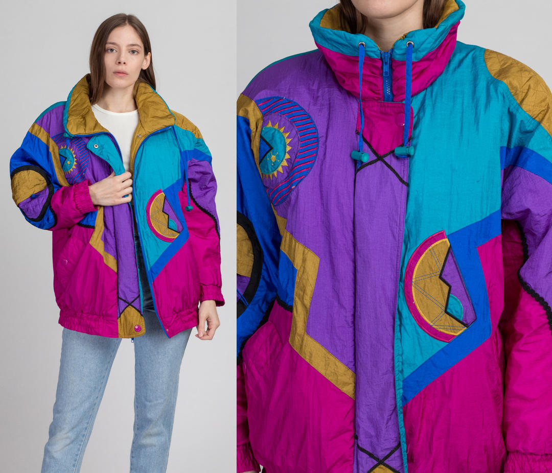 Flying Apple Vintage 80s Color Block Puffer Ski Jacket - Extra Small