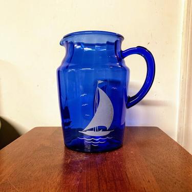 Vintage Hazel Atlas Ships Blue with White 82 oz Pitcher 