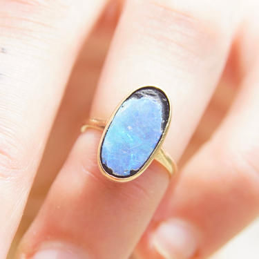 Antique 14K Gold Opal Inlay Ring, Iridescent Blue Opal Stone, Petite Yellow Gold Ring, Worn/Broke Stone, 585 Jewelry, Size 4 US 