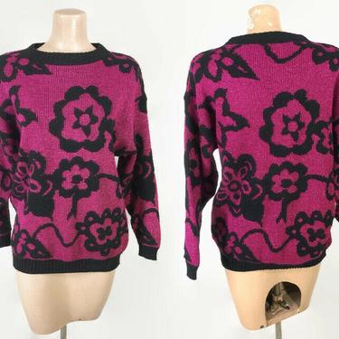 Vintage 80s Hot Pink &amp; Black Lurex Sparkle Sweater | 1980s Slouchy Knit Sweater | Floral Novelty Print Jumper 