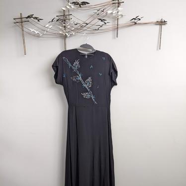 Vintage 1930's/1940's Black Crepe Dress with Silvery Clear and Teal Blue Beading 