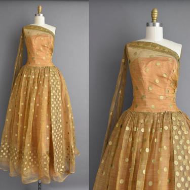 1950s vintage dress | Gorgeous Golden Polka Dot Party Prom Bridesmaid Wedding Dress | Small | 50s dress 