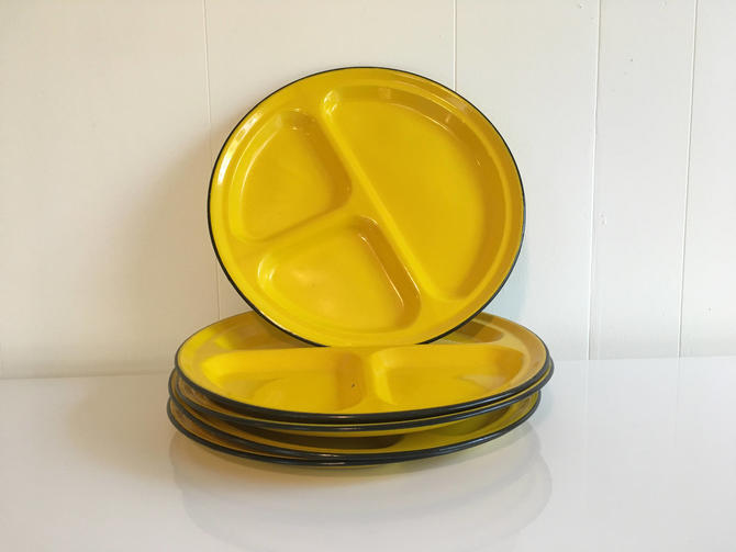Vintage Yellow Enamel Divided Plates Set of Five (5) Rustic Camping