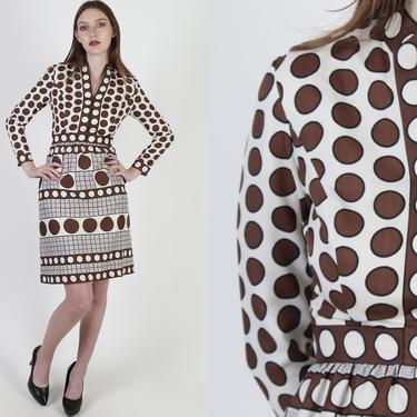 Brown Polka Dot Dress / Ivory Plaid Split Neck Dress With Pockets / Geometric Circle Print / Vintage 70s Pencil Skirt Knee Length Mini Dress 
