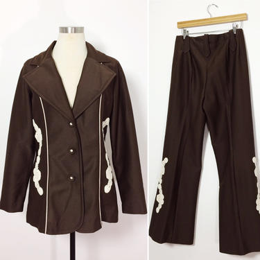 1960s 1970s Brown Western Pant Suit Skirt / Honky Tonk Suit / Two Piece Suit / Womens Suit Large 