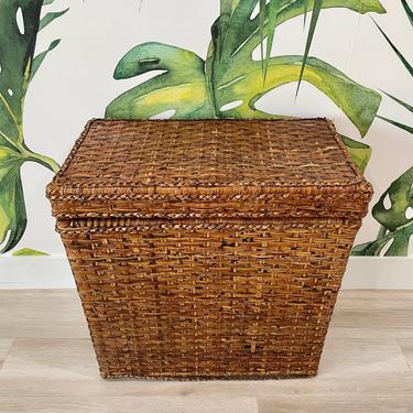 Vintage Hamper - Large Double Hamper with Lid - Leather Handles - Large Natural Wicker Laundry Hamper - Two Compartments - Boho Decor 