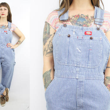 Vintage 90's Blue and White Pinstripe Denim Overalls / 1990's Dickies Railroad Overalls / Women's Size Medium by Ru