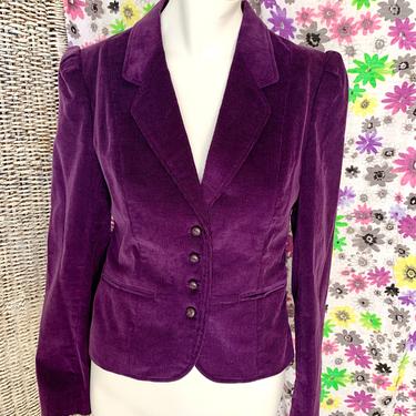 Vintage Corduroy Blazer, Cropped Jacket, Purple, Tapered Fit, Fits Size M 