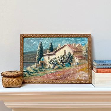 Small Vintage Provencal Oil Painting French Chalet Landscape 
