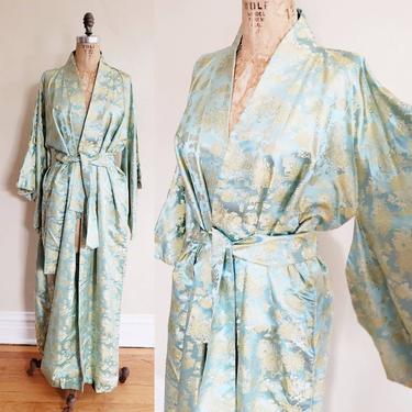 50s Blue Gold Brocade Kimono Robe Chrysanthemum Pattern / Midcentury Japanese Robe Coat Dress Floral Metallic Print One Size Fits Most / Yui 