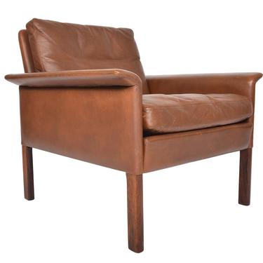 Danish Mid Century Modern Hans Olsen Leather + Rosewood Lowback Lounge Chair 