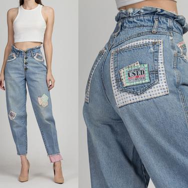90s Get Used Gingham Patchwork Jeans - Extra Small, 24&quot; | Vintage Paperbag Waist Tapered Leg Distressed Denim Mom Jeans 