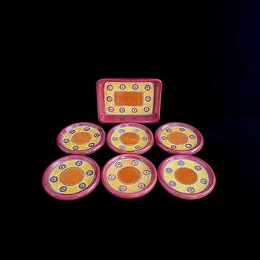 Vintage Modern Eduardo Vega Hand Painted Pottery Set of 6 Coasters & Small Tray Cuenca Ecuador Ceramica Vega 1970s Whimsical 